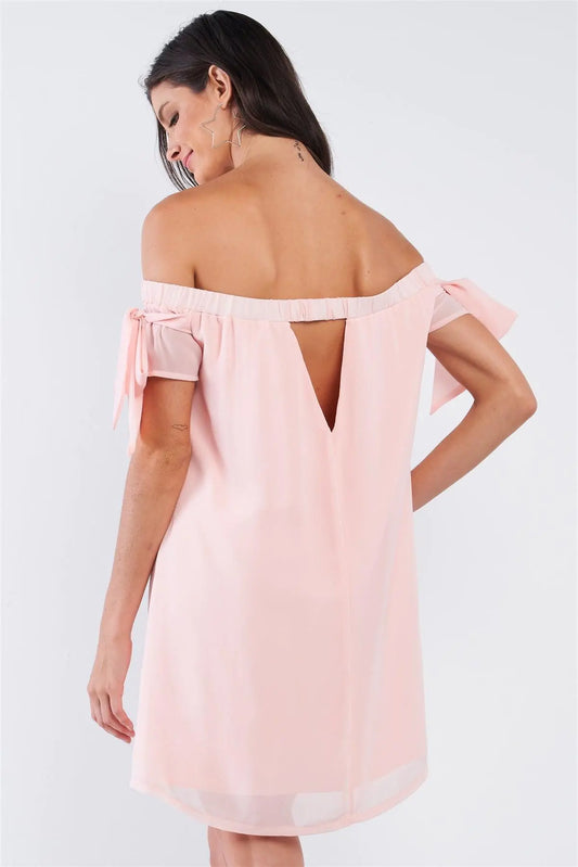 Peach Pink Loose Fit Off-The-Shoulder Self-Tie Bow Sleeve Cut Out Back Detail Tunic Mini Dress /2-3-2