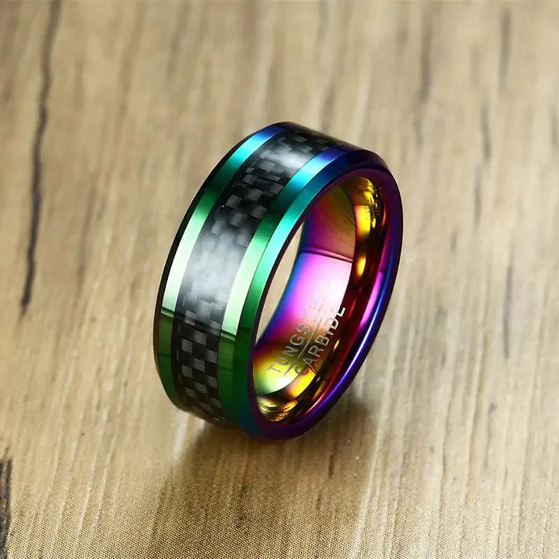 Rainbow Tungsten Carbide Ring with Beveled Edges