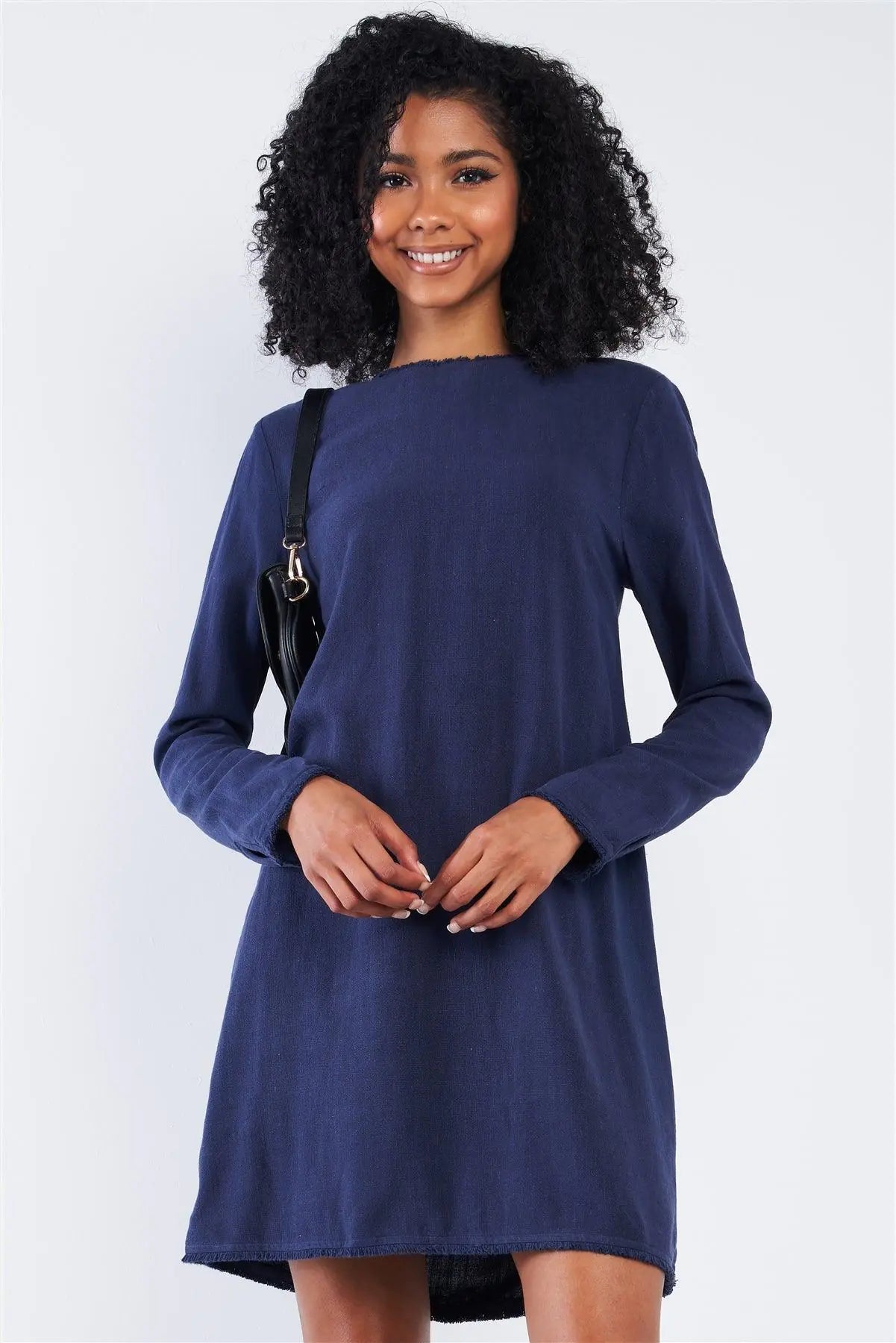 Plain Navy Blue Linen Shredded Detail Hem Round Neck Relaxed Fit Long Sleeve Mini Dress /1-2-2-1