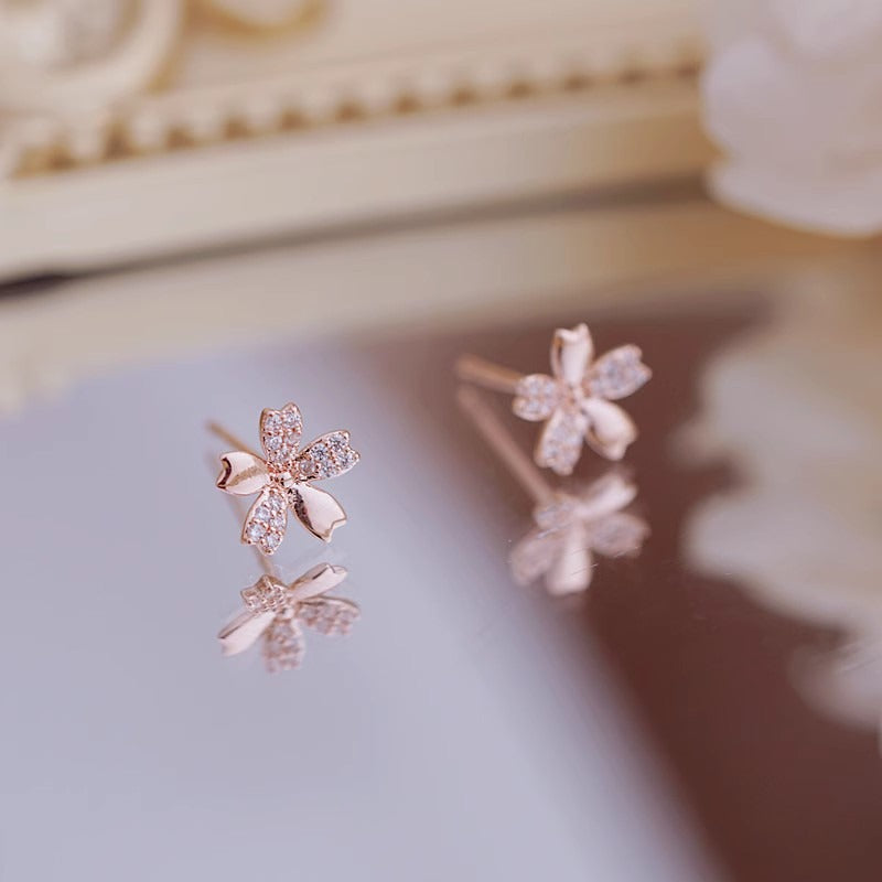 Mini diamond encrusted cherry blossom small stud earrings for women sweet sterling silver needles rose gold plated flowers