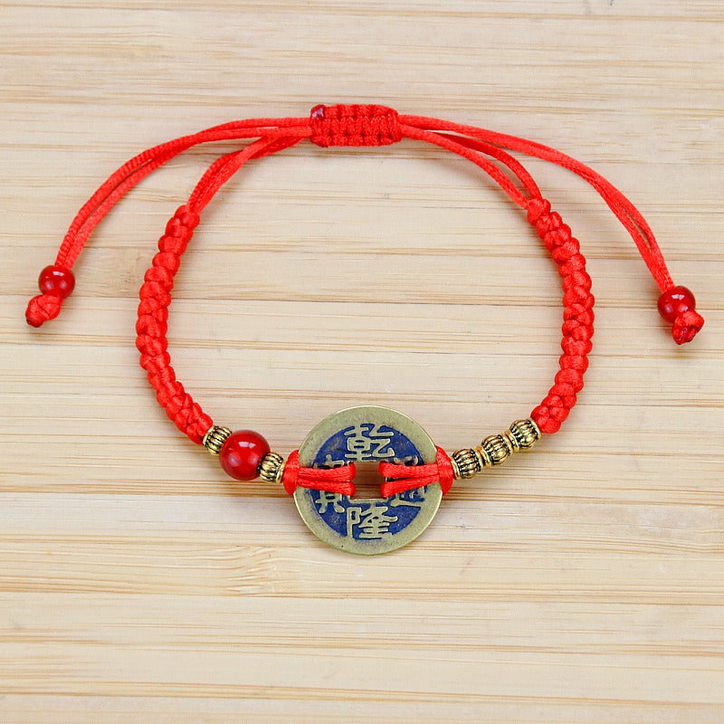 Bracelet en corde rouge Bunbun tissé à la main, pièce de monnaie en cuivre