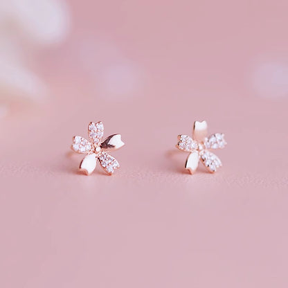 Mini diamond encrusted cherry blossom small stud earrings for women sweet sterling silver needles rose gold plated flowers