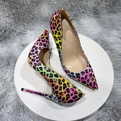 Tikicup Pink Leopard Glossy Print Women Pointy Toe High Heel Shoes for Party Sexy Comfortable Stiletto Pumps 8cm 10cm 12cm