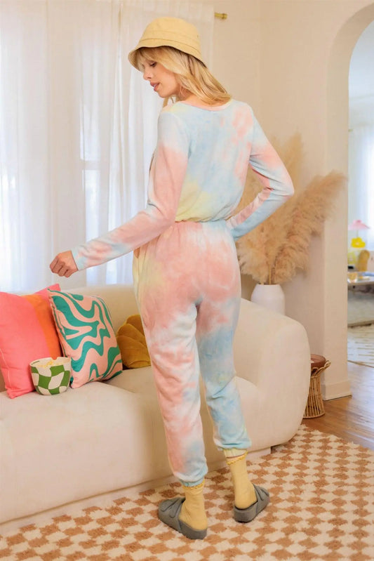 Tie-Dye Flannel Long Sleeve Jogger Pants Jumpsuit