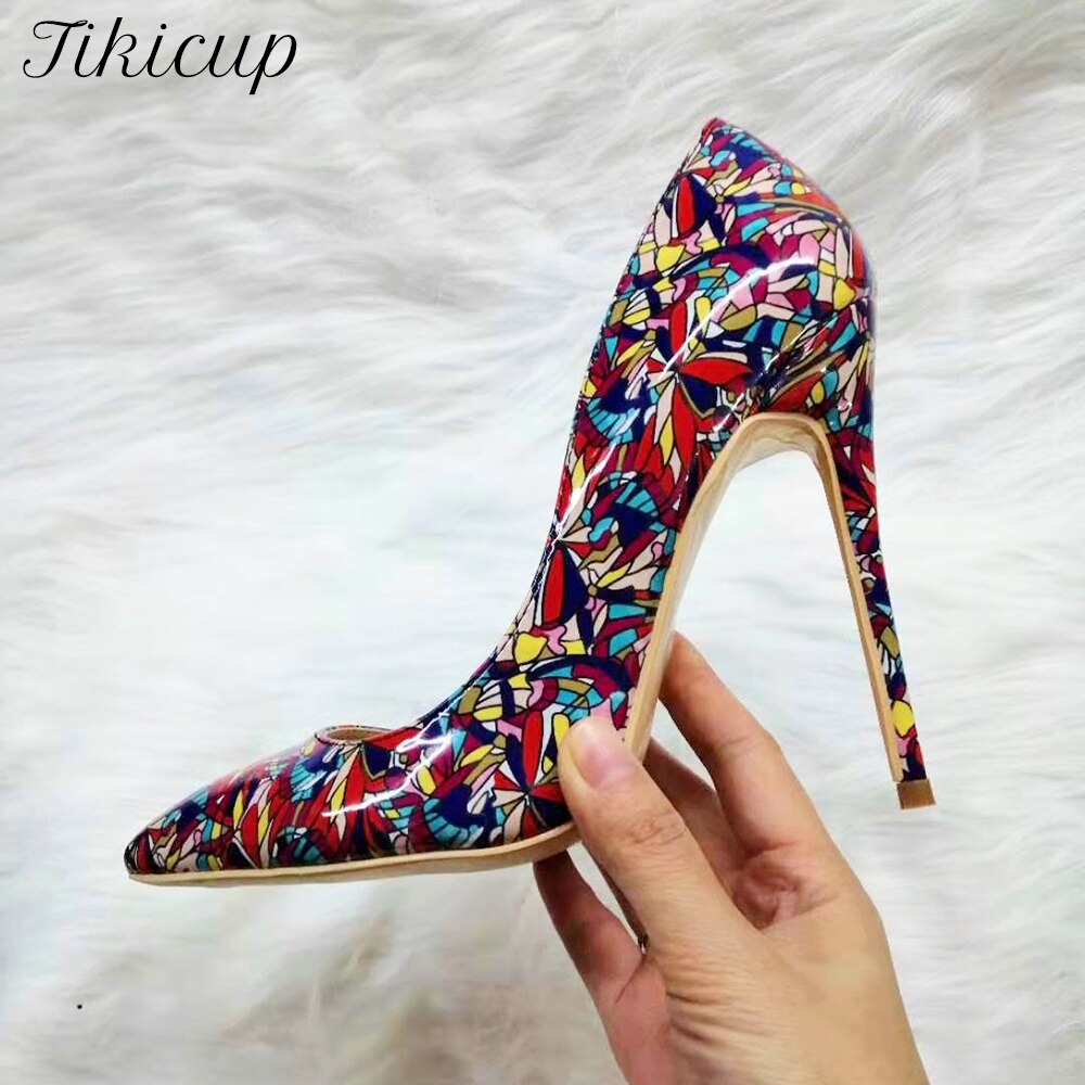 Tikicup Black Graphic Printed Women Pointy Toe High Heel Shoes Ladies Slip On Stiletto Pumps Plus Size 43 44 45 8cm 10cm 12cm