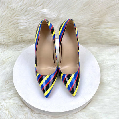 Multi-Color Stripes Print Women Fashion Designer Pointy Toe High Heel Shoes for Party Sexy Ladies Slip On Stiletto Pumps