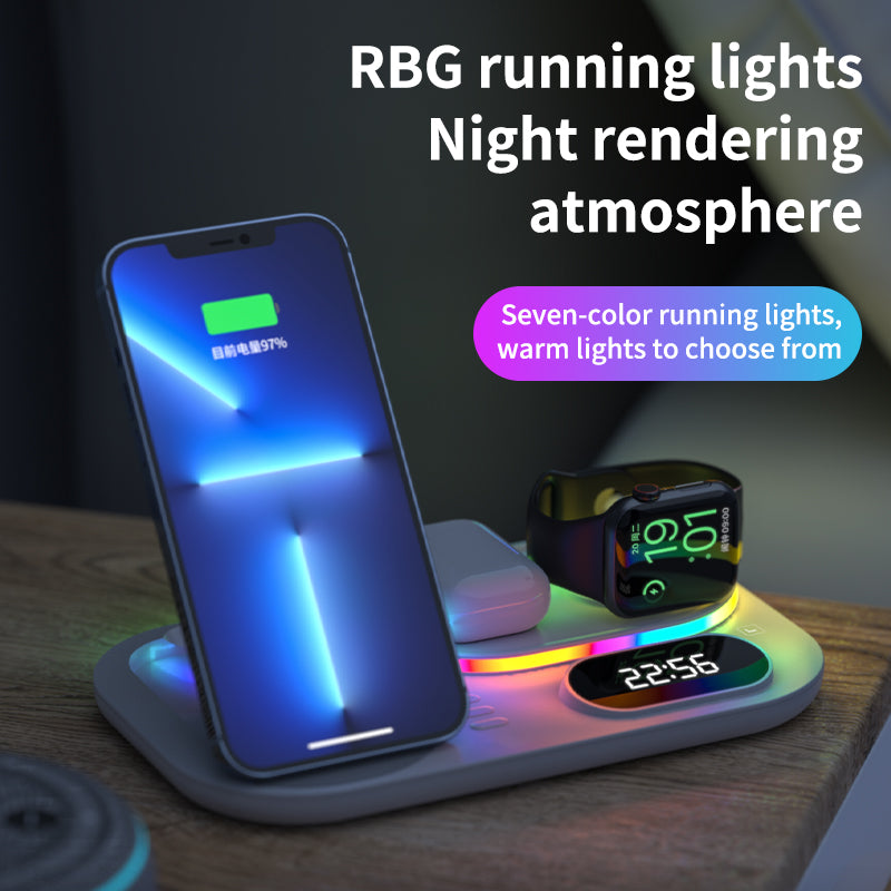 Neues Drei-in-Eins-Wireless-Ladegerät mit Uhr-Schnellladung, RGB-Atmosphärenlicht, multifunktionales kabelloses Ladegerät für Mobiltelefone