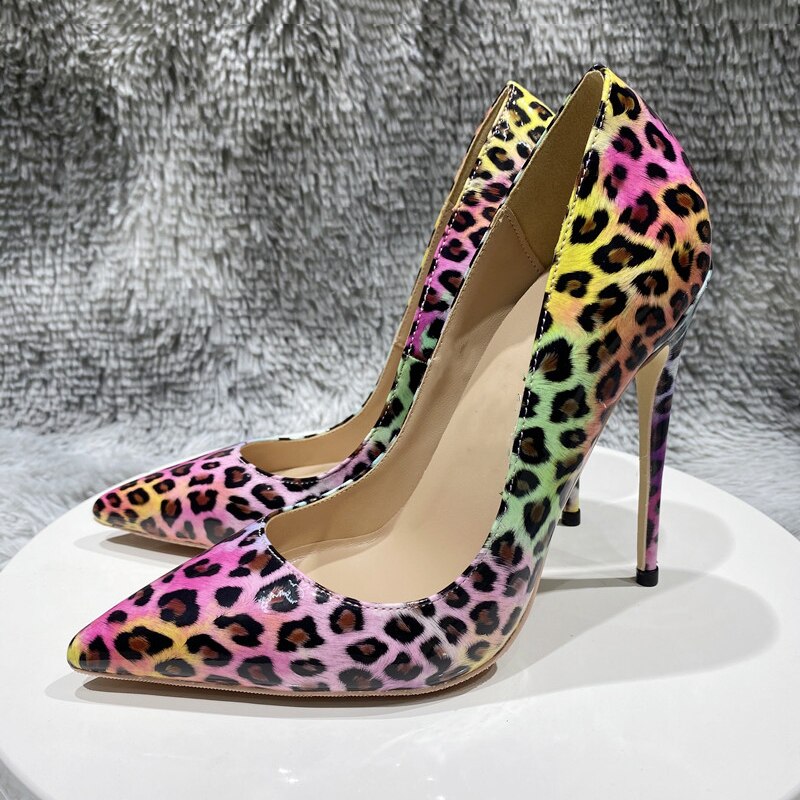 Tikicup Pink Leopard Glossy Print Women Pointy Toe High Heel Shoes for Party Sexy Comfortable Stiletto Pumps 8cm 10cm 12cm