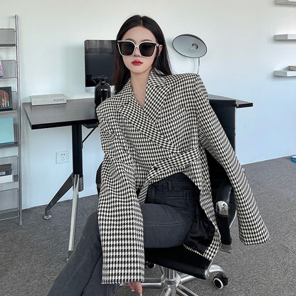 Plaid Blazers For Women Notched Colllar Long Sleeves Patchwork Binding Loose Blazer Female Fashion