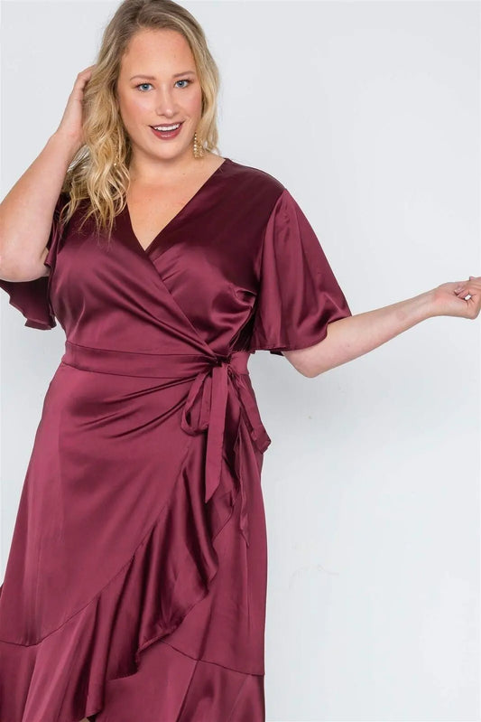 Plus Size Burgundy Satin Flounce Dress