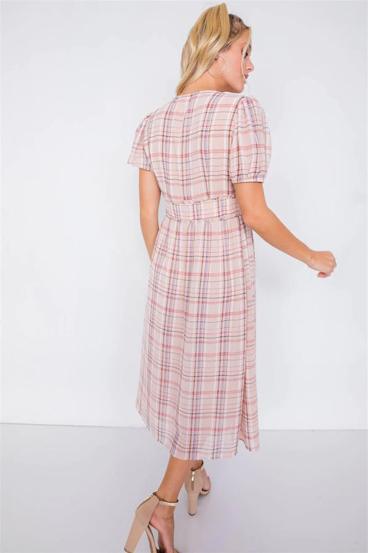 Nude Plaid V-Neck Short Puff Sleeve Frill Trim Casual Midi Dress/4-2-1