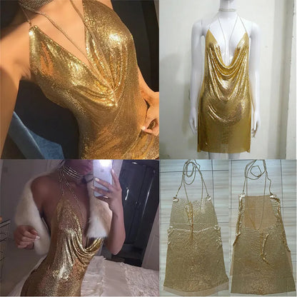 Sexy Backless y2k Metal Party Summer Dress Women Beach Night club Mini slip dress Glitter Sequin ladies Dresses 2023 Vestidos HL