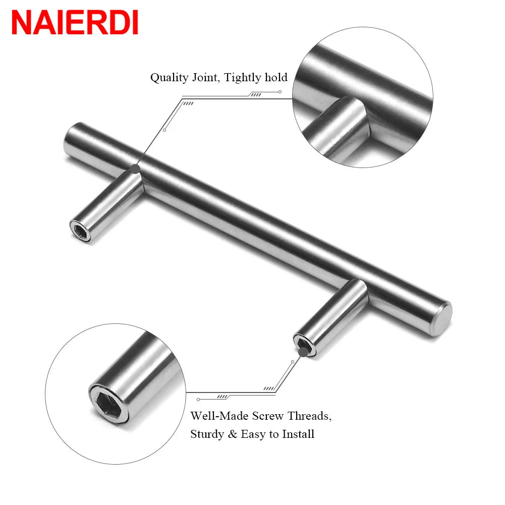 NAIERDI 2" ~ 24'' Stainless Steel Cabinet Handles Diameter 10mm Kitchen Door T Bar Straight Handle Pull Knobs Furniture Hardware