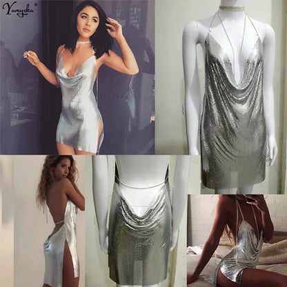 Sexy Backless y2k Metal Party Summer Dress Women Beach Night club Mini slip dress Glitter Sequin ladies Dresses 2023 Vestidos HL