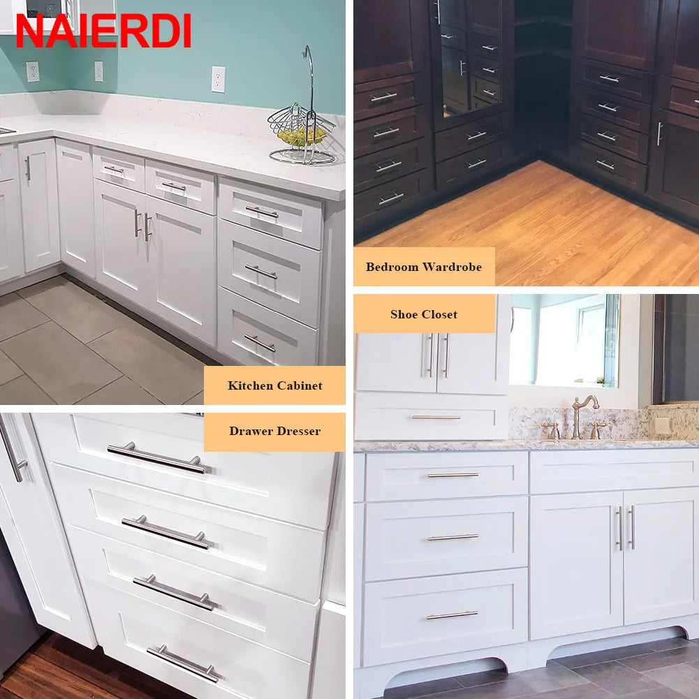 NAIERDI 2" ~ 24'' Stainless Steel Cabinet Handles Diameter 10mm Kitchen Door T Bar Straight Handle Pull Knobs Furniture Hardware