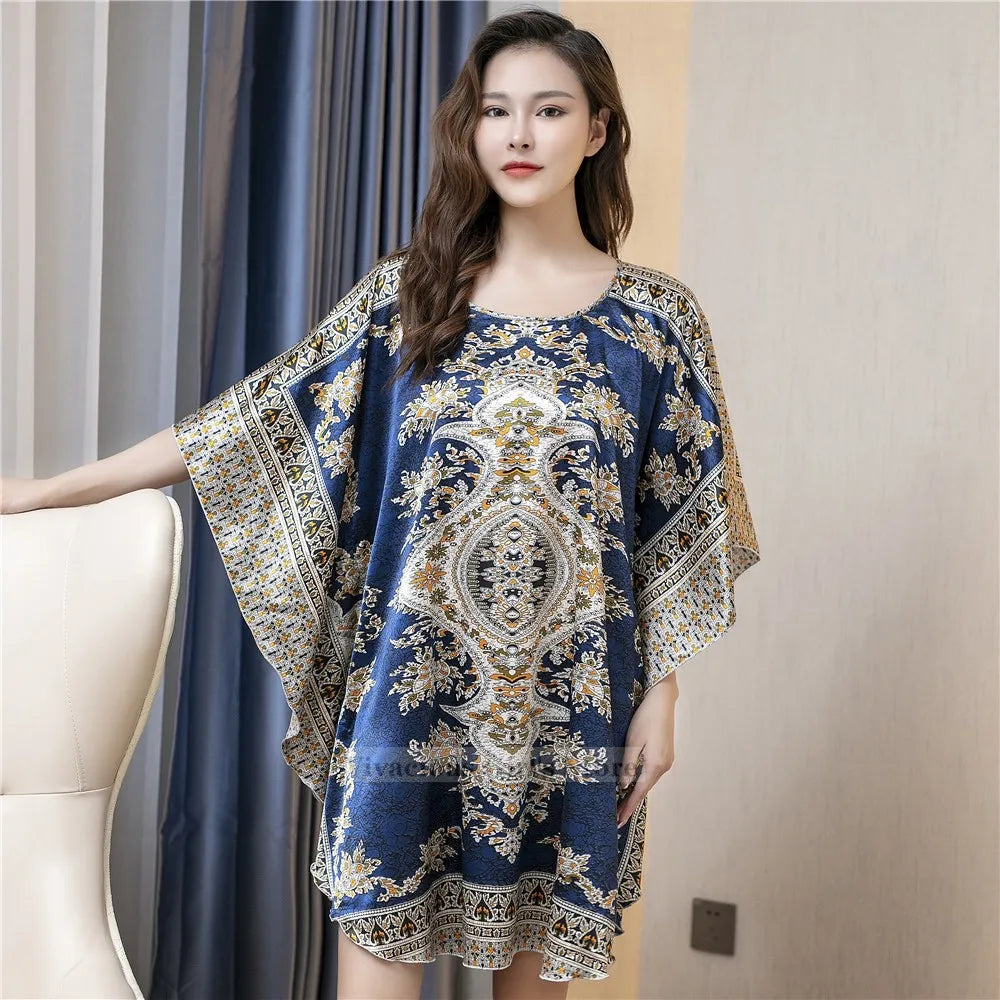 Plus Size Nightgown Sleepwear Women's Summer Nightwear Robe Lady Sexy Nightdress Silk Rayon Loose Bathrobe Gown Home Dress