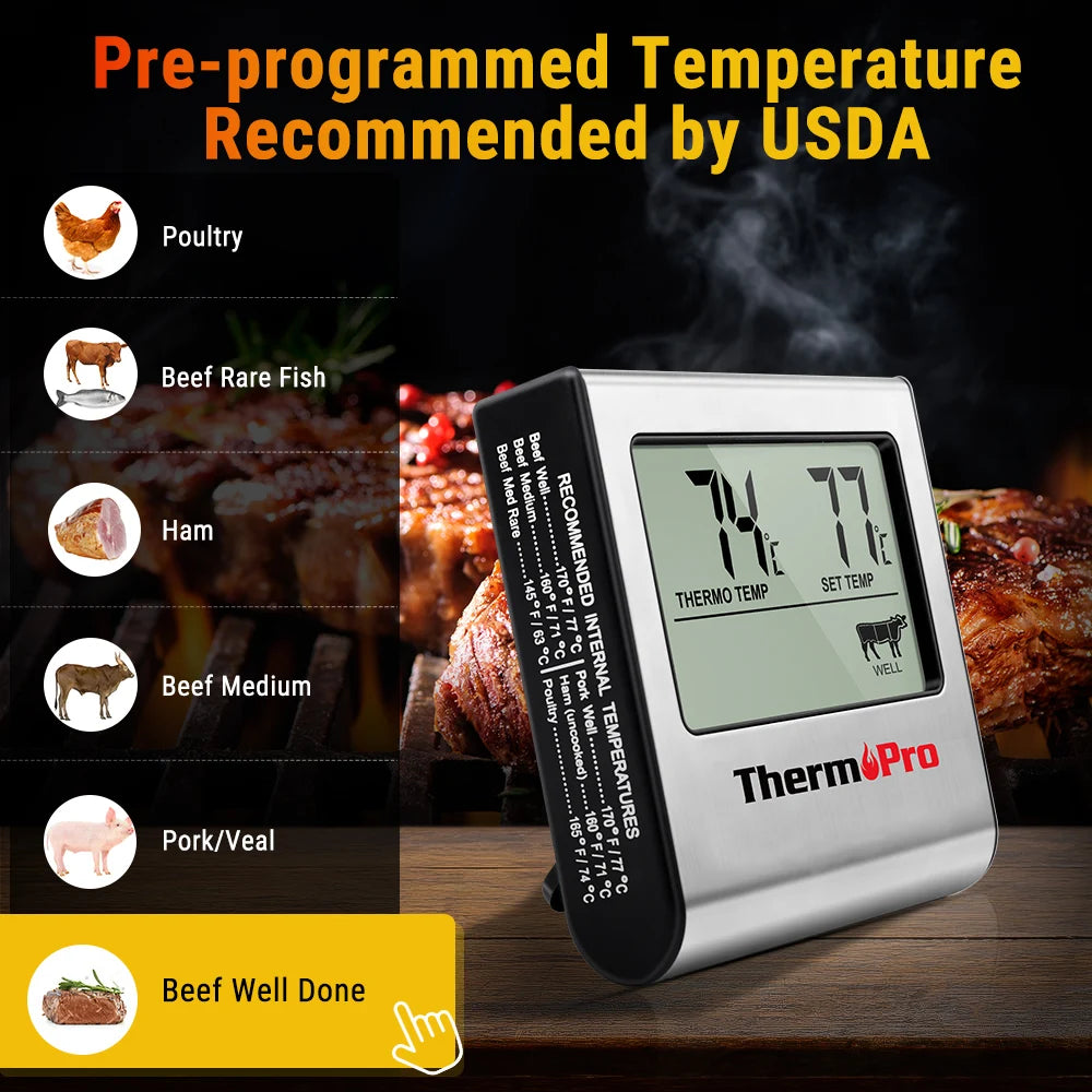 ThermoPro TP-16 Digitales Thermometer für Ofen, Smoker, Süßigkeiten, Flüssigkeiten, Küche, Kochen, Grillen, Fleisch, BBQ, Thermometer und Timer