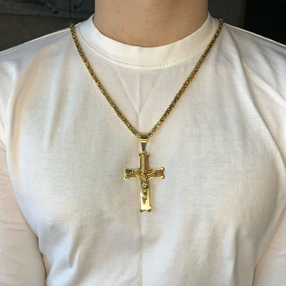 Stainless Steel Big Jesus Cross Pendant With Long Chain Men's Gold Color Crucifix Necklaces Male Religious Jewelry Dropshipping