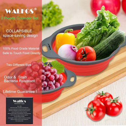 WALFOS 2 Pieces Foldable Silicone Collapsible Kitchen Colander Kitchen Tools Fruit Vegetable Strainer Drainer Washing Basket