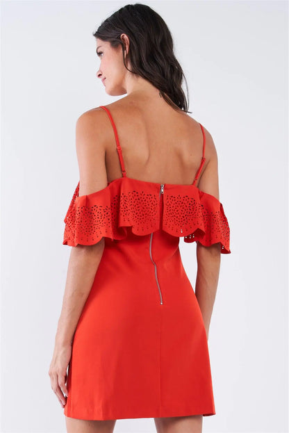 Tomato Red Cocktail V-Neck Crochet Ruffle Off-The-Shoulder Hem Tube Mini Dress