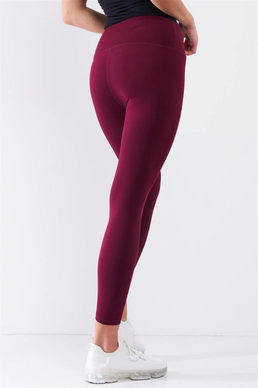 Wine Red Mid-Rise Inner Waist Pocket Detail Tight Fit Soft Yoga & Work Out Legging Pants /1-2-2-1