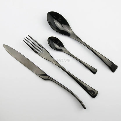 JANKNG 4Pcs/Lot Black Stainless Steel Dinnerware Polishing Cutlery Set Kitchen Tableware Fork Steak Knife TeaSpoon Dinner Set