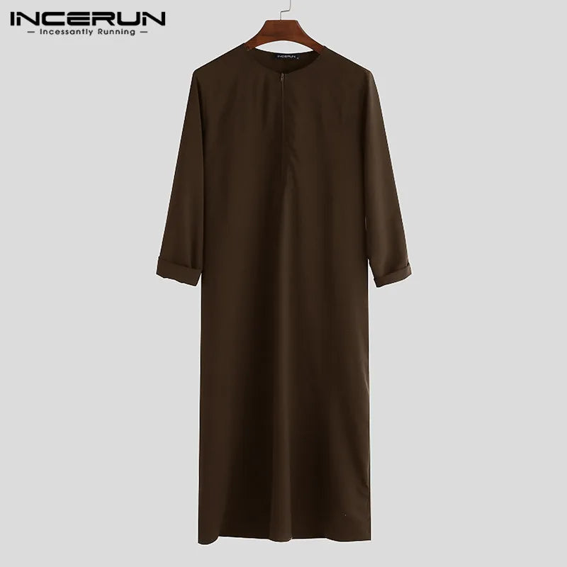 INCERUN Islamic Arabic Muslim Kaftan Men Long Sleeve Zipper Loose Abaya Robes Saudi Arabia Dubai Jubba Thobe Men Clothes 2023 Coffee