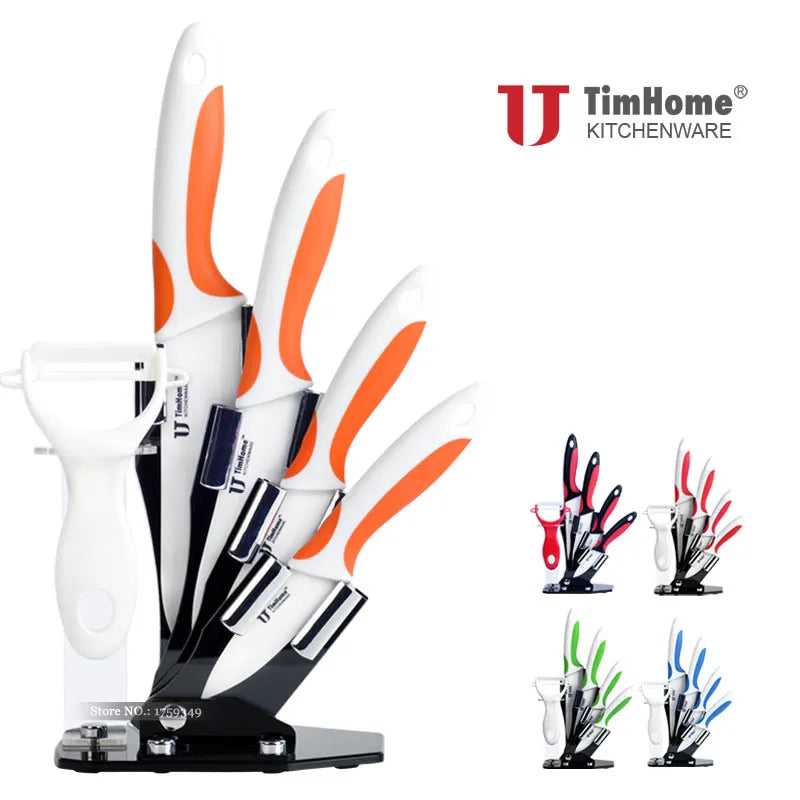 Timhome Kitchen Tools 3"4"5"6" Inch High Quality Ceramic Knife Sets with Stand Peeler Colorful Hanlde