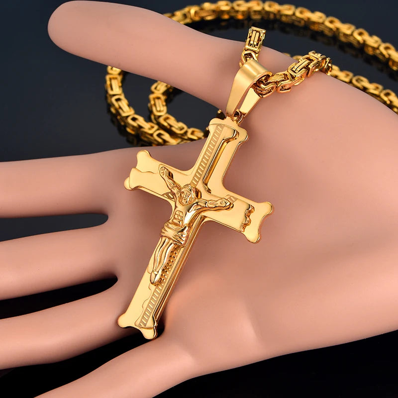 Stainless Steel Big Jesus Cross Pendant With Long Chain Men's Gold Color Crucifix Necklaces Male Religious Jewelry Dropshipping