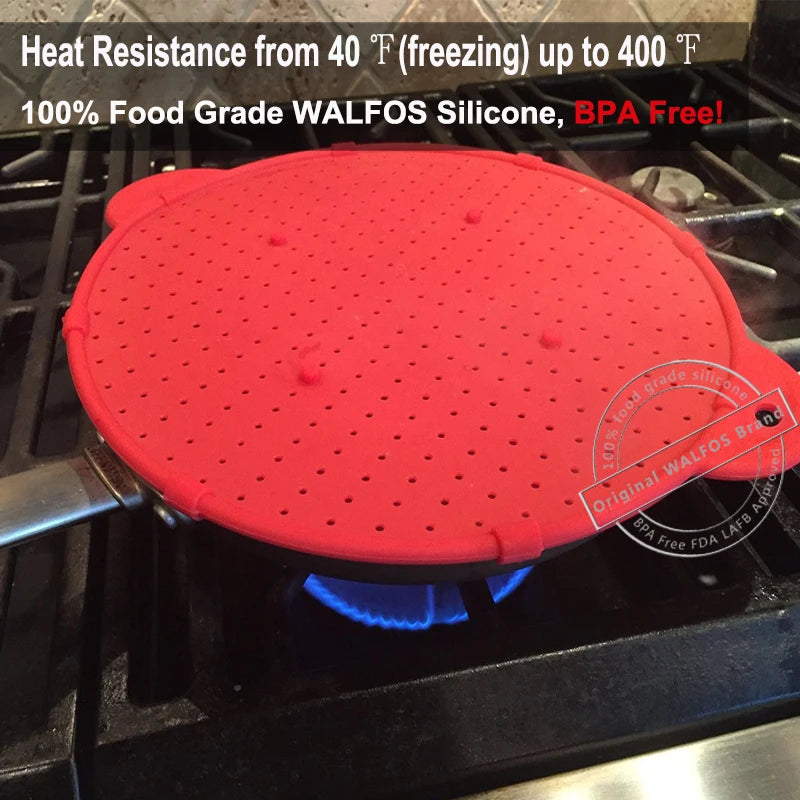 WALFOS 3 in 1 Splatter Screen Splatter Guard Kitchen Strainer Trivet Pot Lid Pan Cover Silicone Lid Spill Stopper Wash Strainer