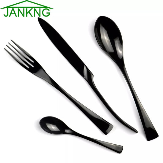 JANKNG 4Pcs/Lot Black Stainless Steel Dinnerware Polishing Cutlery Set Kitchen Tableware Fork Steak Knife TeaSpoon Dinner Set