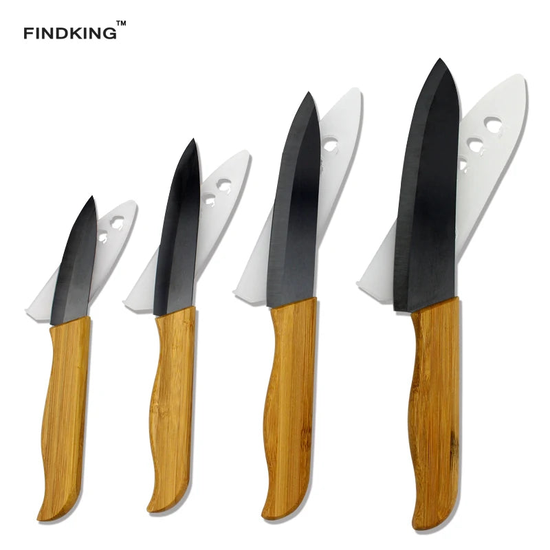 FINDKING Brand High sharp quality Bamboo handle with black blade Ceramic Knife Set tools 3" 4" 5" 6 " inch Kitchen Knives+Covers