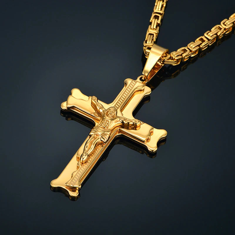 Stainless Steel Big Jesus Cross Pendant With Long Chain Men's Gold Color Crucifix Necklaces Male Religious Jewelry Dropshipping