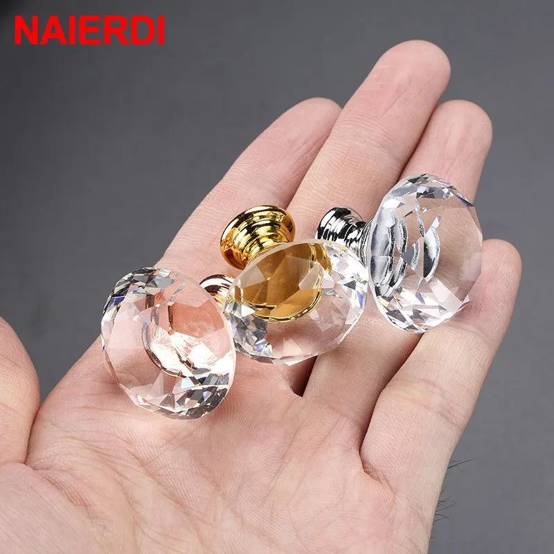 NAIERDI 20-40mm Crystal Handle Diamond Glass Knobs Cupboard Drawer Pull Kitchen Cabinet Door Wardrobe Handles Hardware