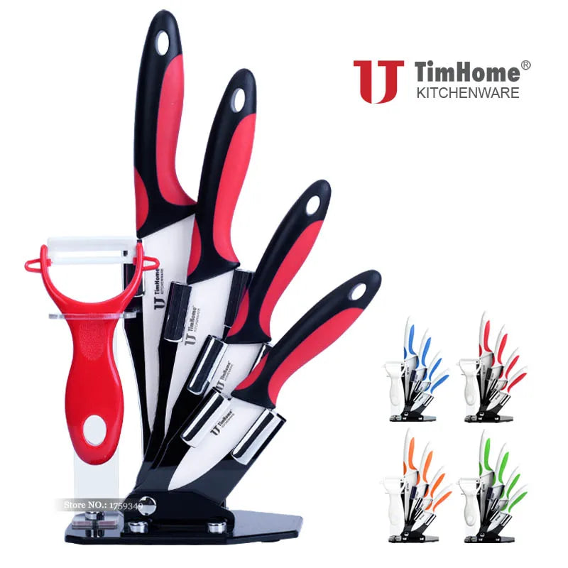 Timhome Kitchen Tools 3"4"5"6" Inch High Quality Ceramic Knife Sets with Stand Peeler Colorful Hanlde