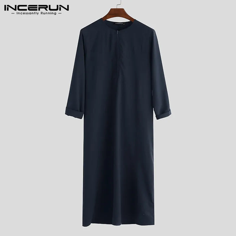 INCERUN Islamic Arabic Muslim Kaftan Men Long Sleeve Zipper Loose Abaya Robes Saudi Arabia Dubai Jubba Thobe Men Clothes 2023 Navy