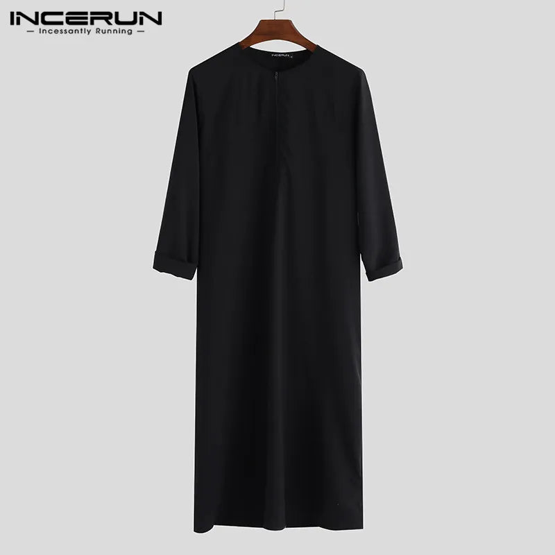 INCERUN Islamic Arabic Muslim Kaftan Men Long Sleeve Zipper Loose Abaya Robes Saudi Arabia Dubai Jubba Thobe Men Clothes 2023 Black