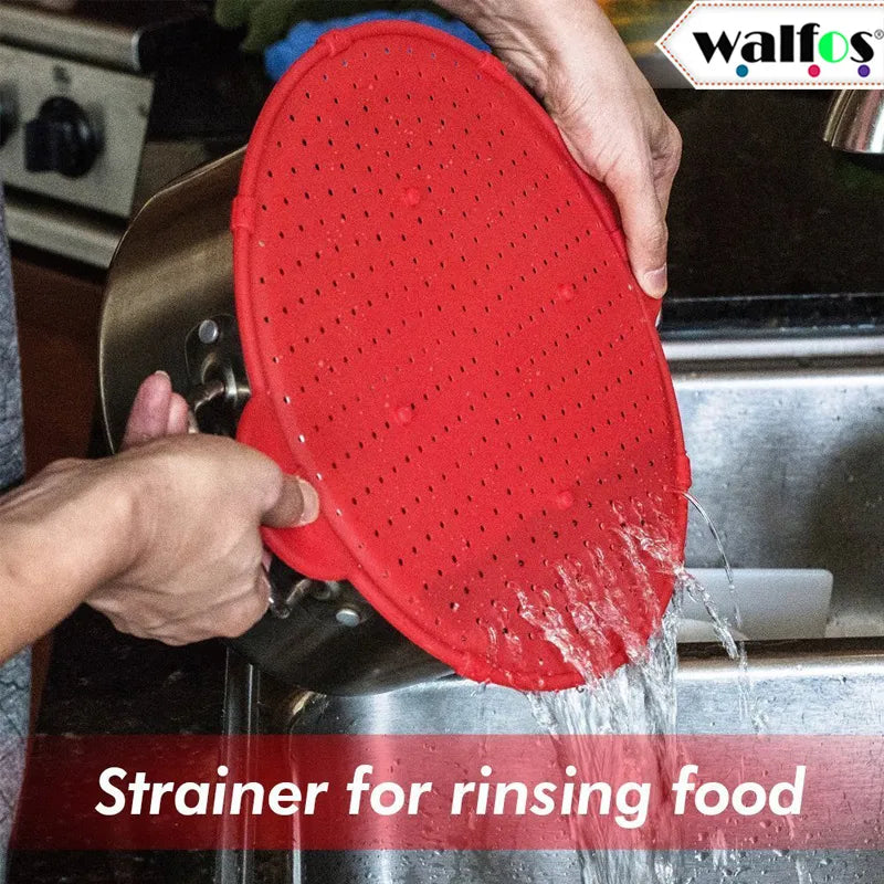 WALFOS 3 in 1 Splatter Screen Splatter Guard Kitchen Strainer Trivet Pot Lid Pan Cover Silicone Lid Spill Stopper Wash Strainer