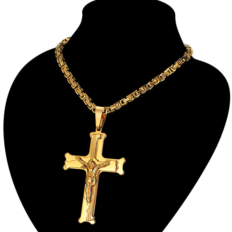 Stainless Steel Big Jesus Cross Pendant With Long Chain Men's Gold Color Crucifix Necklaces Male Religious Jewelry Dropshipping