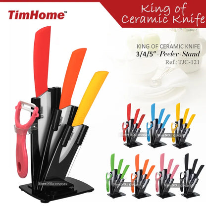 Timhome 5pcs Kitchen Ceramic Knife Set 3"4"5" Inch Ceramic Knife + Peeler + Stand