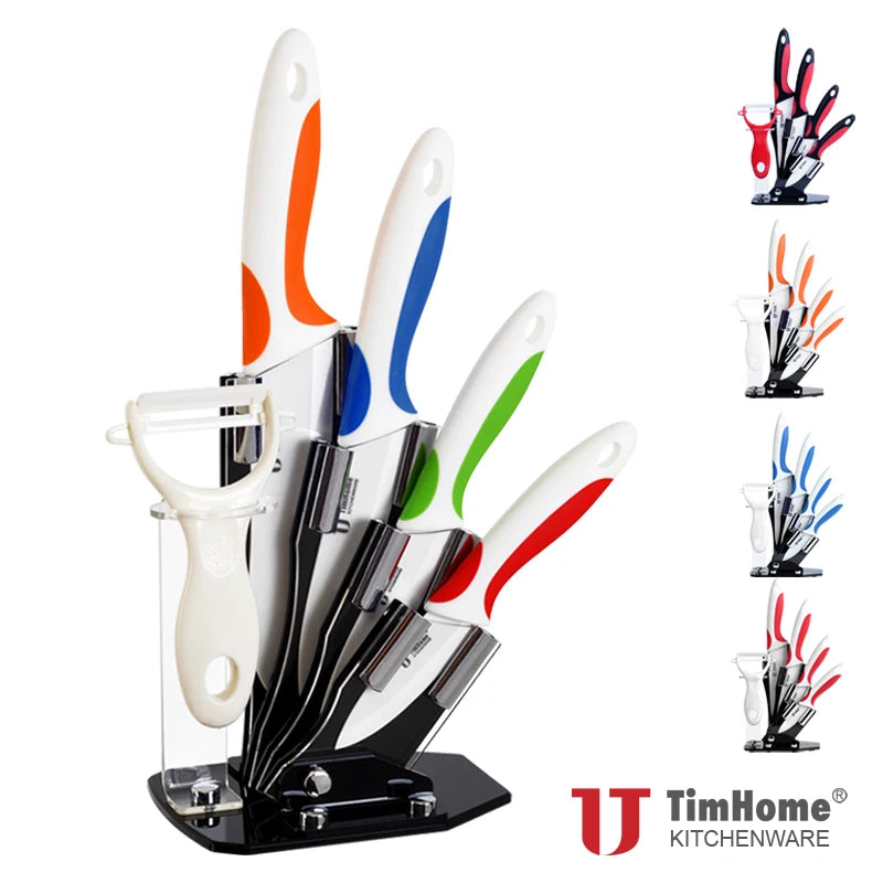 Timhome Kitchen Tools 3"4"5"6" Inch High Quality Ceramic Knife Sets with Stand Peeler Colorful Hanlde