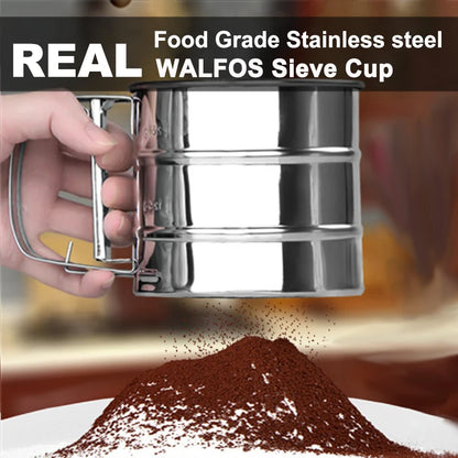 Walfos Stainless Steel Flour Sieve Cup Powder Sieve Mesh Kitchen Gadget For Cakes Hand-Screened Sugar Mesh Sieve Baking Sieve