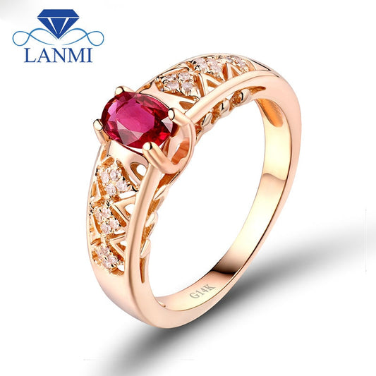 LANMI Vintage Oval 4x6mm Natural Ruby Rings Wedding Anniversary Diamond Solid 14Kt Yellow Gold Genuine Gemstone Jewelry SR00444