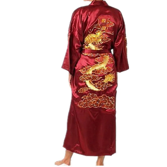 Robe de bain en Satin de soie pour hommes, bordeaux, chinois, nouveauté, broderie traditionnelle Dragon, Kimono Yukata, taille ML XL XXL XXXL