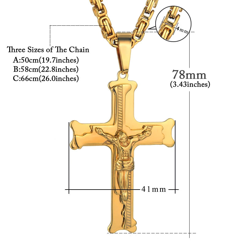 Stainless Steel Big Jesus Cross Pendant With Long Chain Men's Gold Color Crucifix Necklaces Male Religious Jewelry Dropshipping