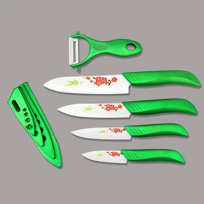 FINDKING Beauty Gifts Zirconia green light kitchen Ceramic fruit Knife Set 3" 4" 5" 6" inch with Flower painted+ Peeler+Covers