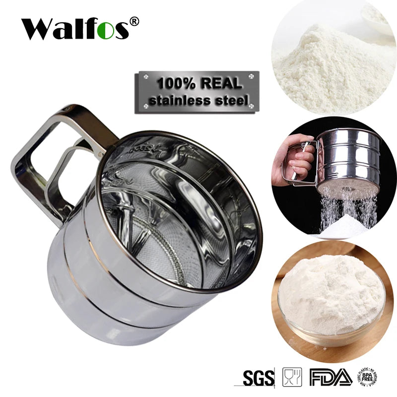 Walfos Stainless Steel Flour Sieve Cup Powder Sieve Mesh Kitchen Gadget For Cakes Hand-Screened Sugar Mesh Sieve Baking Sieve