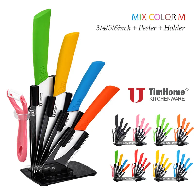 Timhome 3"4"5"6" Inch Kitchen ceramic Knife Set Peeler + Acrylic Stand Holder  Zirconia Paring Knife