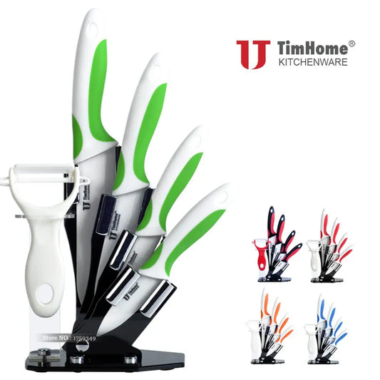 Timhome Kitchen Tools 3"4"5"6" Inch High Quality Ceramic Knife Sets with Stand Peeler Colorful Hanlde