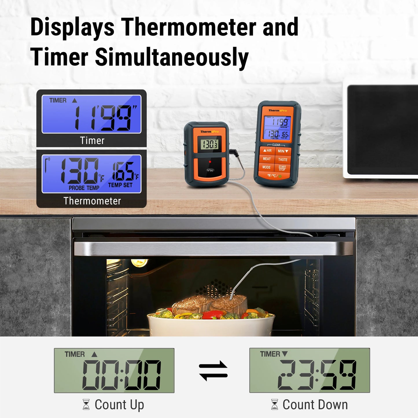 ThermoPro TP07C 150M Wireless Digital Kitchen Cooking Meat Thermomer For Oven Barbecue 3 Color Backlight With Countdown Timer